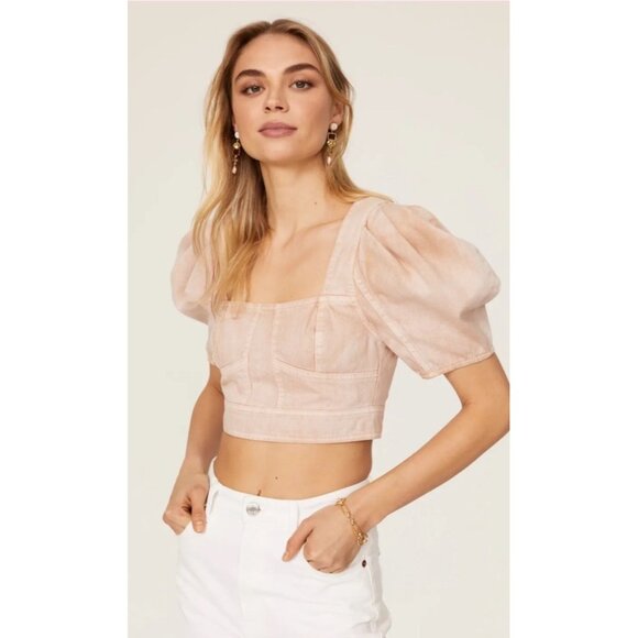 Ulla Johnson Renee Puff Sleeve Crop Top Pink Linen Blend Blouse Women’s Size 10 - Picture 4 of 12